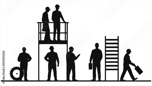 ( Safety Inspectors)Vector Silhouettes of Construction Workers in Various Positions/A professional, flat, grayscale image depicting silhouettes of construction workers in various poses and positions.