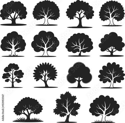 Extensive Deciduous Tree Silhouettes Collection: Varied Broadleaf Tree Designs for Nature, Forest, Park, and Landscape Graphic Elements