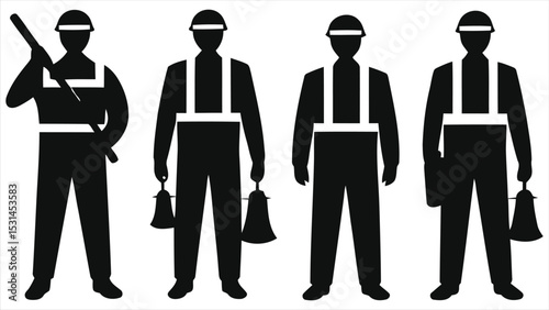 (Safety Inspectors) Vector Silhouette Four Workers in Safety Gear Holding Bells - Ideal for Signage or Safety Manuals