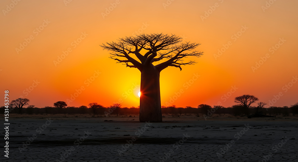 Obraz premium Majestic Baobab Silhouette Against a Fiery African Sunset Landscape.