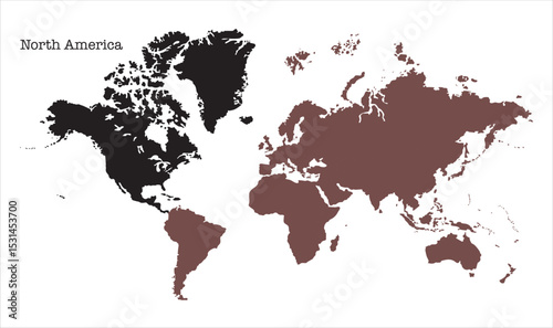 World map with North America focus-06, Map of North America, highlighted on the world map, North America on the world map, Satellite view, North America's location on the globe.