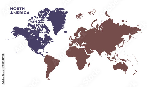 World map with North America focus-07, Map of North America, highlighted on the world map, North America on the world map, Satellite view, North America's location on the globe.