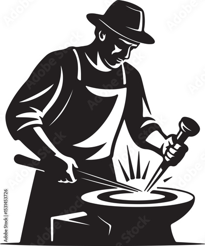 Blacksmith Working On Anvil With Tools Retro Style Black And White Vector.