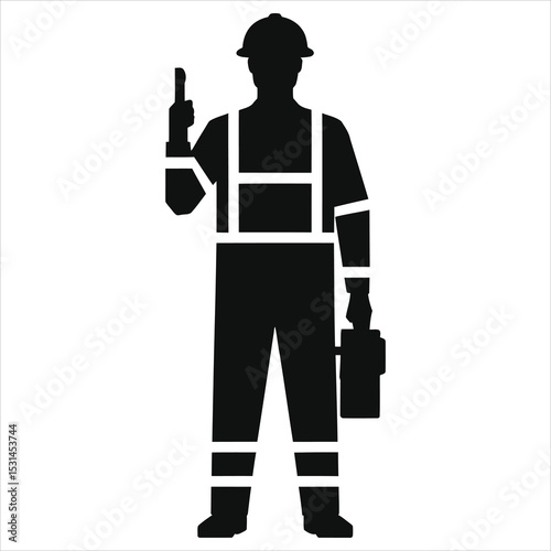 (Safety Inspectors)Vector Silhouette of a worker in safety uniform with tools./A simple, impactful silhouette of a worker in safety gear, likely construction or maintenance.