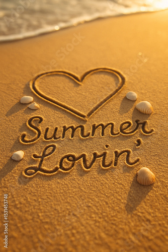 Summer Lovin’ Message with Heart and Shells on Glowing Beach Sand at Dusk
