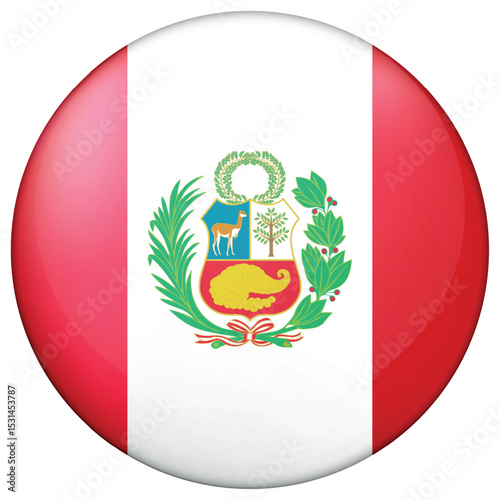 Glass light ball with flag of Peru. Round sphere, template icon. Peruvian islands national symbol. Glossy realistic ball, 3D abstract vector illustration. Big bubble.