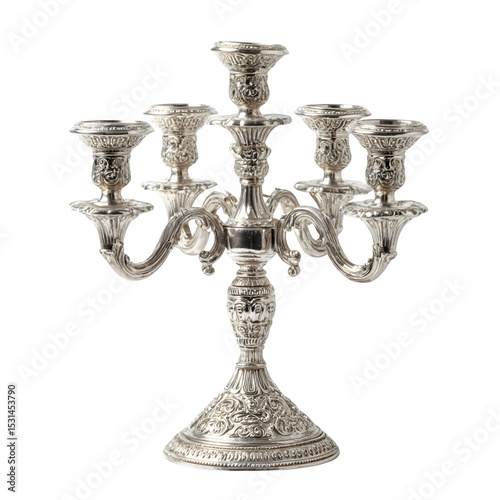 Vintage silver-plated candelabra, ornate design, luxury home decor accessory - Isolated on a white background.