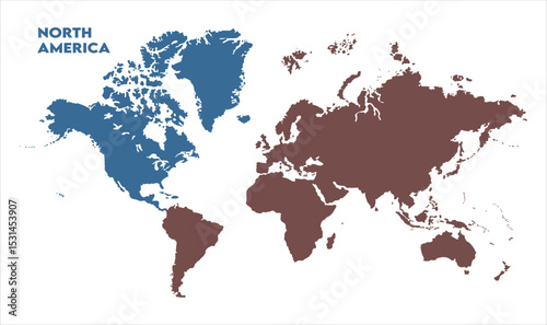 World map with North America focus-12, Map of North America, highlighted on the world map, North America on the world map, Satellite view, North America's location on the globe.
