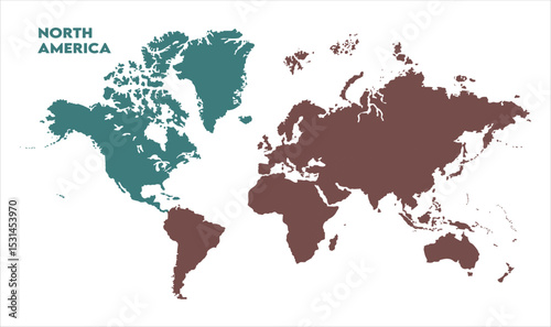 World map with North America focus-15, Map of North America, highlighted on the world map, North America on the world map, Satellite view, North America's location on the globe.