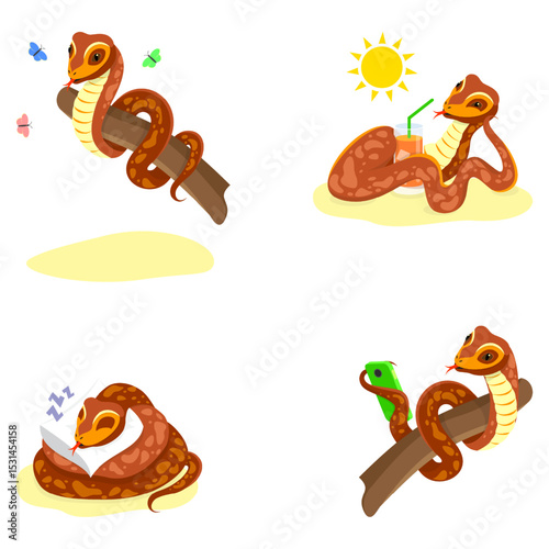 Set of cartoon snake animals on a white background. Funny reptile of wild tropical nature.