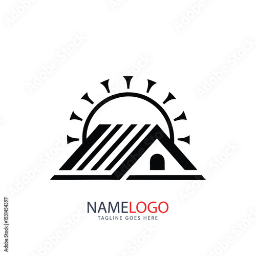 Real estate home logo design with a house icon, featuring a sun and tree illustration, symbolizing eco-friendly architecture and family concept