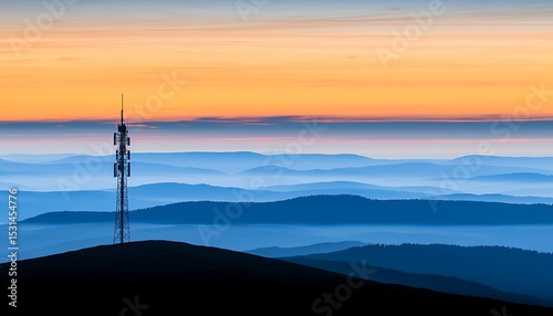 Mountaintop communication tower at dawn