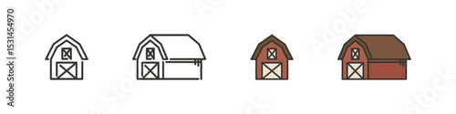 Farm bunkhouse vector icons in outline and flat filled styles. Rural wooden cabin illustrations for agriculture or lodging