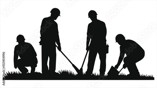 (Construction Workers)Vector Silhouette of three construction workers working on a lawn./A simple, impactful silhouette of three construction workers in hard hats, engaged in lawn care work.