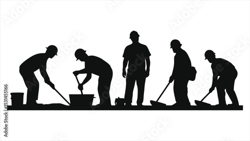 (Construction Workers)Vector Silhouette of construction workers performing various tasks/This vector features a silhouette of four construction workers engaged in various tasks, likely on a flat 