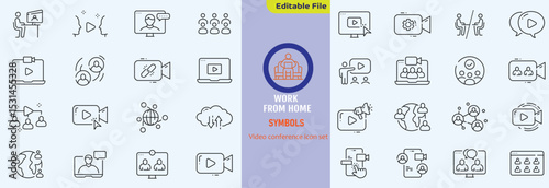 Big set of video conference line icons. Meeting, online, live, call etc. Editable stroke