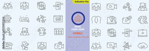 Big set of video conference line icons. Meeting, online, live, call etc. Editable stroke