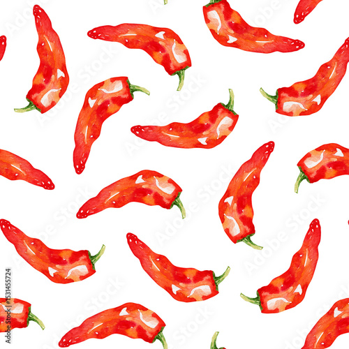 Seamless pattern watercolor chili pepper. Hand drawn illustration food hot spice drawing. Botanical hand painted red vegetables elements on white background. For interior print, greeting card, fabric.