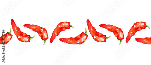 Schilderij op canvas Watercolor chili pepper seamless border isolated on white background