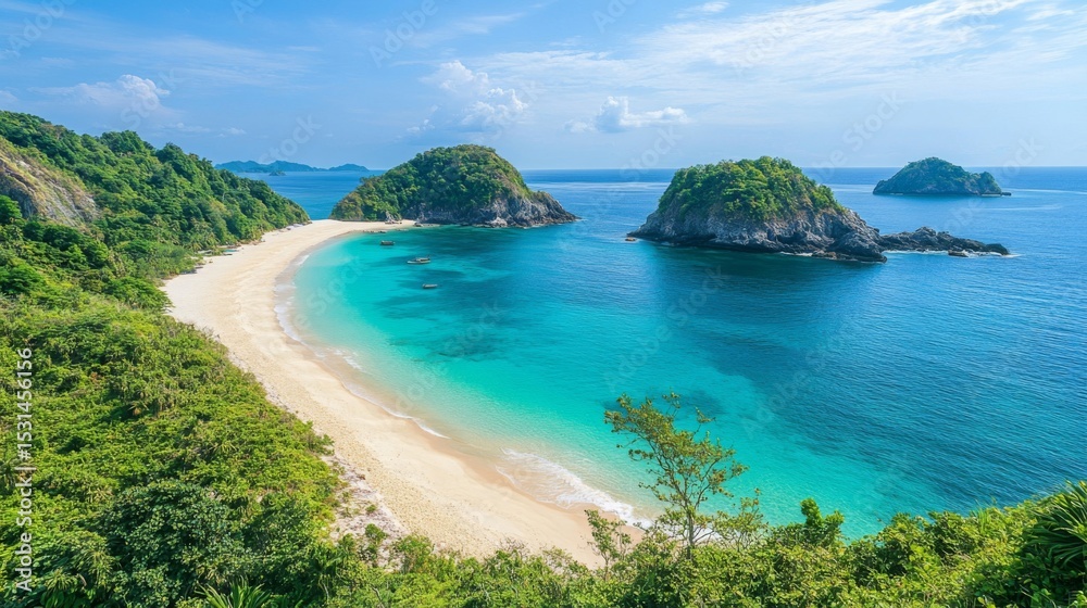 Naklejka premium Tropical Beach with Turquoise Water and Green Vegetation on a Sunny Day