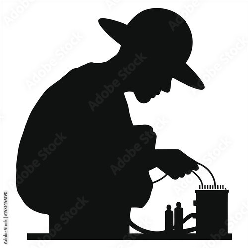 ( Electricians)Vector Silhouette of a person working on electrical equipment./A focused, black silhouette of a person wearing a hat, crouched and intently working on a piece of electrical equipment.