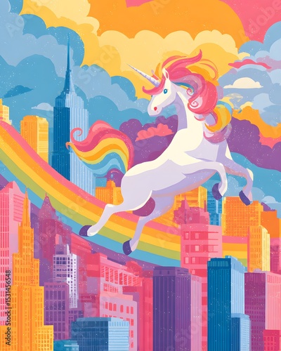 Cute rainbow-maned unicorn flying over colorful cityscape and rainbow sky