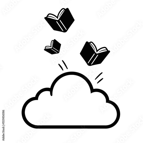 Black and White Vector Illustration of Books Falling from a Cloud - Knowledge and Cloud Computing Concept