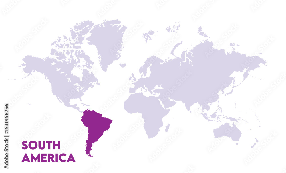 Naklejka premium South America highlighted on world map-09, Map of South America, highlighted on the world map, South America on the world map, Satellite view, South America's location on the globe.