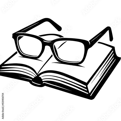 Black and White Vector Illustration of Glasses Resting on an Open Book