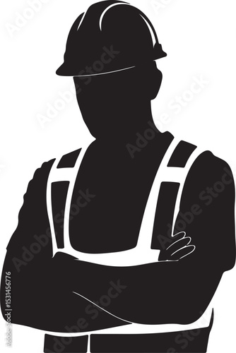 Construction Worker Silhouette Wearing Hard Hat And Safety Vest With Arms Crossed.