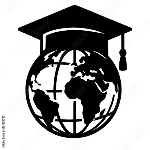 Black and White Globe with Graduation Hat - Global Education and Overseas Study Icon