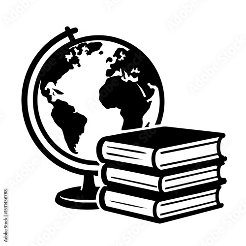 Black and White Globe with Stack of Books Vector - Global Education Symbol