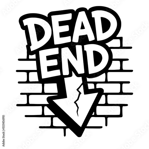 Bold Black and White "Dead End" Sign with Down Arrow on Brick Wall Vector