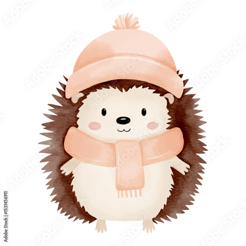 Watercolor hedgehog in warm winter clothes. Hand painted illustration on white background