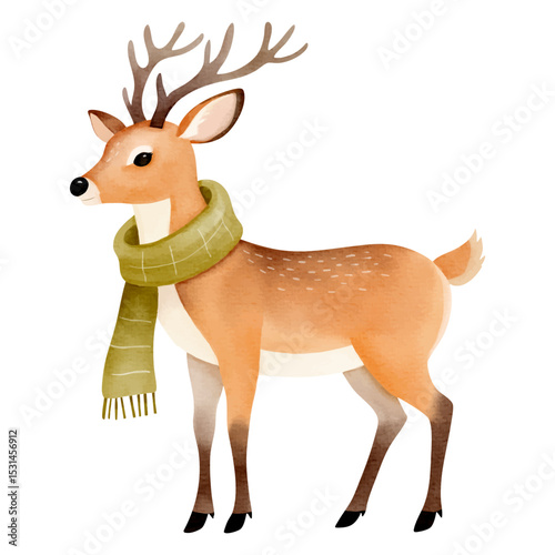 Watercolor deer in warm scarf. Hand painted illustration on white background