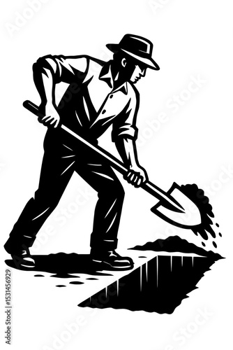 Retro Black and White Vector of Man Digging with Shovel - Labor and Construction Concept