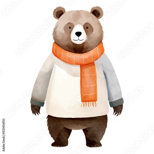 Watercolor bear in warm winter scarf. Hand painted illustration on white background