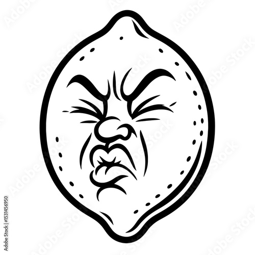 Funny Black and White Sour Lemon Face Vector - Humorous Citrus Expression