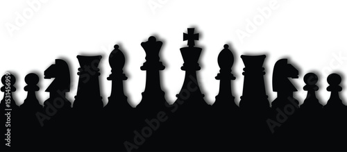 world chess Day poster with  chess pieces king, queen, rook, bishop, knight, and pawn silhouette and  copy space Place for text, 3D illustration.Paper art and craft style, chess background black and w