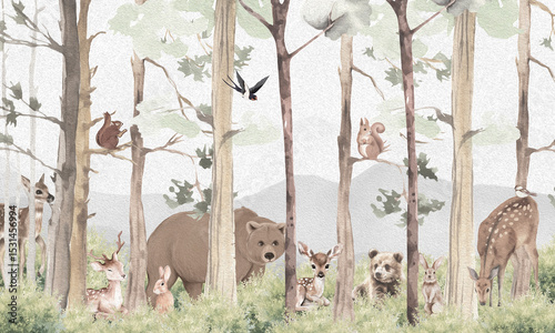 Fototapeta Naklejka Na Ścianę i Meble -  Aged Wildlife Wall Mural: Faded Brown Bear, Deer, Trees & Abstract Forest Scene