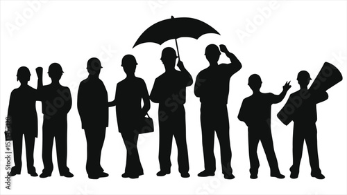 (Engineers) Vector Silhouette of Diverse Professionals Under Umbrella/A group of diverse professionals, possibly construction workers, are depicted in silhouette against a plain background.