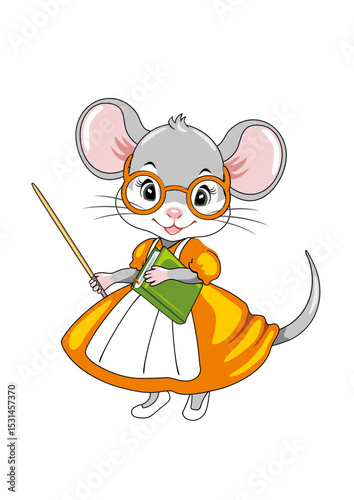 Smart little mouse teacher with a pointer and a book in her hands