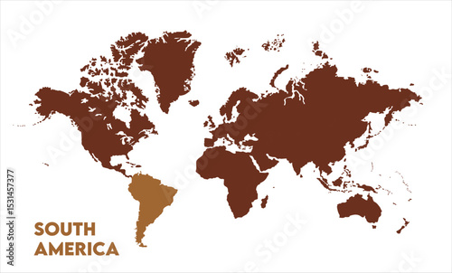 South America outline in global map-06, Map of South America, highlighted on the world map, South America on the world map, Satellite view, South America's location on the globe.