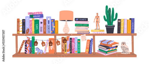 Stacks and piles of books on bookshelf. Home library collection with educational literature, novels, storybooks, encyclopedias and decor. Isolated illustration for World Book Day, Back to School.