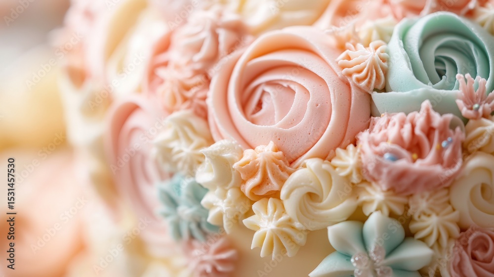 Fototapeta premium Close up photograph of a beautifully decorated floral frosted cake