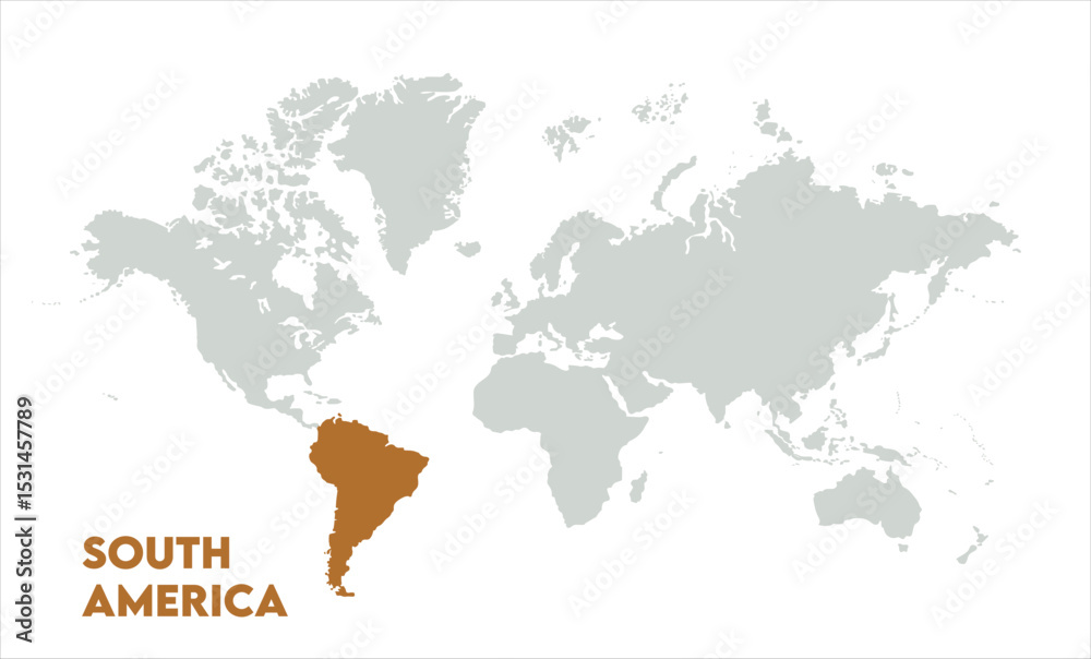 Obraz premium Vector world map with South America-08, Map of South America, highlighted on the world map, South America on the world map, Satellite view, South America's location on the globe.
