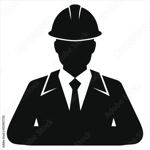 ( Engineers)Professional Construction Manager Vector Silhouette/A simple, black silhouette of a person wearing a hard hat and business suit, suitable for representing a construction manager..
