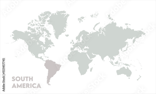 Vector world map with South America-04, Map of South America, highlighted on the world map, South America on the world map, Satellite view, South America's location on the globe.