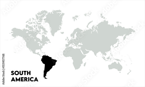 Vector world map with South America-06, Map of South America, highlighted on the world map, South America on the world map, Satellite view, South America's location on the globe.