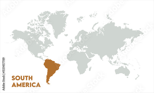 Vector world map with South America-08, Map of South America, highlighted on the world map, South America on the world map, Satellite view, South America's location on the globe.
